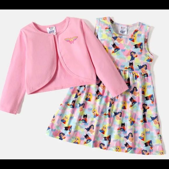 DC Other - 🆕 Justice League 2-piece Toddler Girl Cotton Pink Jacket and Allover Tank Dress
